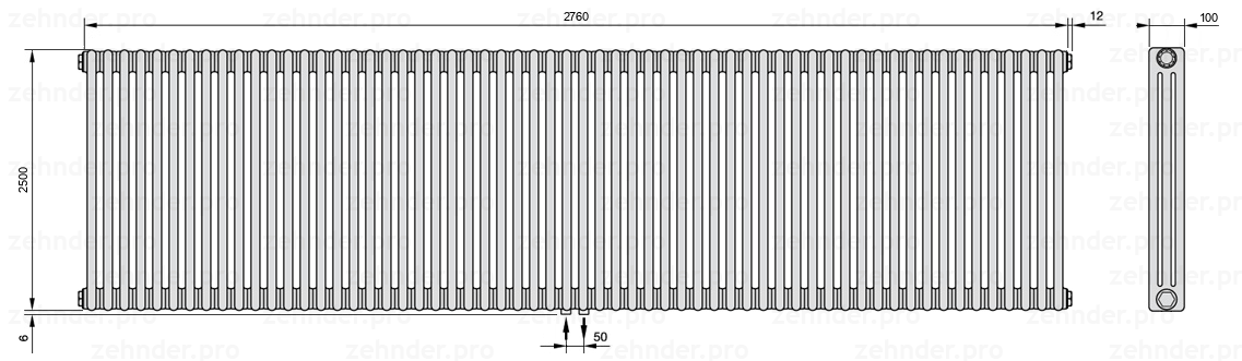 Схема (чертеж) Радиатор Zehnder Charleston 3250/60 №3470 Белый глянцевый RAL 9016